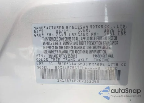 2019 Nissan Sentra S from USA, damaged, VIN 3N1AB7AP7KY353043